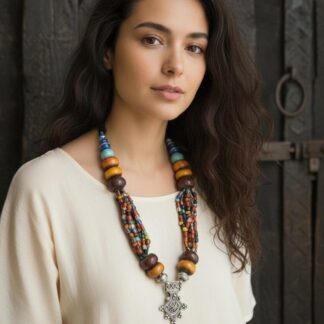 Pièce RARE Collier berbère ancien avec Croix de Boghdad, perles en copal, perles multicolores, perles en argent / Sud Maroc / Bijou ethnique